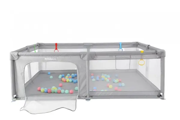 Tarc de joaca pentru copii Nichiduta Light Grey, 200 x 200 cm, cadru metalic, pereti din plasa, covoras din spuma cu doua fete, 4 inele ajutatoare si 100 bilute incluse