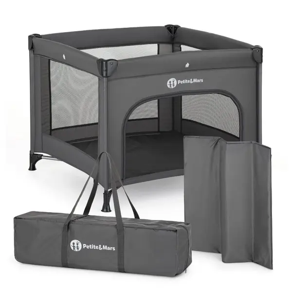 Tarc pliant, Petite&Mars, Nook, 90 x 90 cm, Pliere compacta, Include geanta de transport, Intrare laterala, Pereti din plasa, Structura stabila, Pana la 15 kg, 0 luni+, Gri