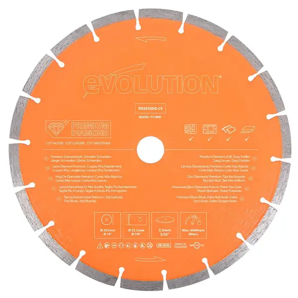 Tarcza diamentowa Evolution 255 mm Premium z wysoką koncentracją diamentu, segmentową krawędzią i otworem