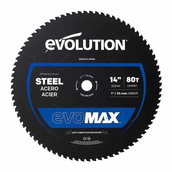 Tarcza do pilarki tarczowej do cięcia stali Evolution EVOMAX 355 mm Ø355 x 25,4 mm, 80 zębów, węglik cermetowy