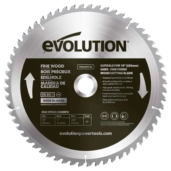 Tarcza TCT do cięcia cienkiego drewna Evolution 255 mm 60T