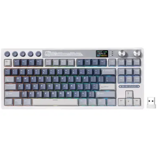 Tastatura Gaming Royal Kludge RK-M87, Cream Switch, iluminare RGB, Wired, Wireless 2.4Ghz, Bluetooth (Albastru/Gri)