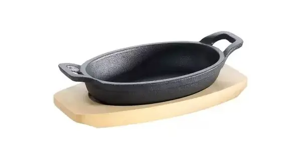 Tava ovala din fonta cu suport de lemn pentru servire 21 x 15,5 cm 0,75 litri ALL'GRILL 9705