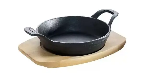Tava rotunda din fonta cu suport de lemn pentru servire 15 cm 0,5 litri ALL'GRILL 9703