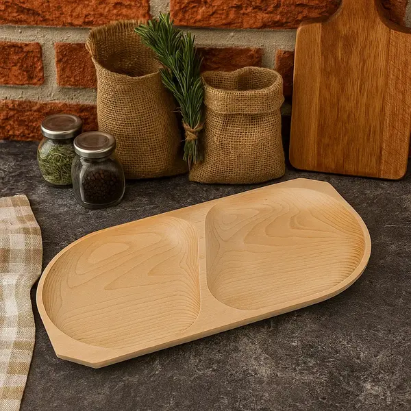 Tava Servire Aperitive din Lemn de Fag cu 2 Compartimente, 43x23 cm
