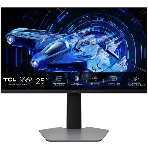 TCL Monitor Gaming QD-Mini LED TCL 25G64, 25, Full HD (1920x1080), 300Hz, 1ms, AMD FreeSync™ Premium, G-Sync Compatible, HDR600, 2x HDMI, Display Port, Jack, Pivot, Negru/Gri