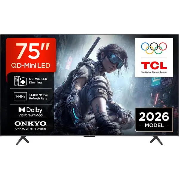 TCL Televizor TCL QD-MiniLED 75T8D, 189 cm, Smart Google TV, 4K Ultra HD, 144Hz, Onkyo, Negru