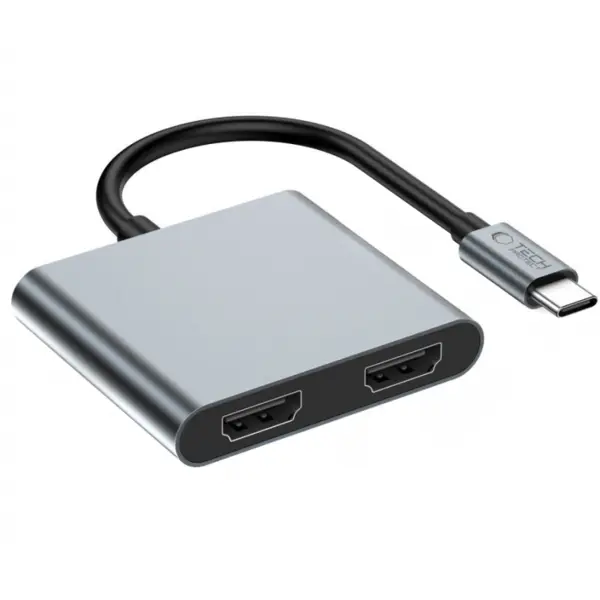 Tech-Protect Adaptor HUB aluminiu 4-in-1 TECH-PROTECT HB08, USB-C, USB 2.0, 2 x HDMI 4K 60HZ, Gri
