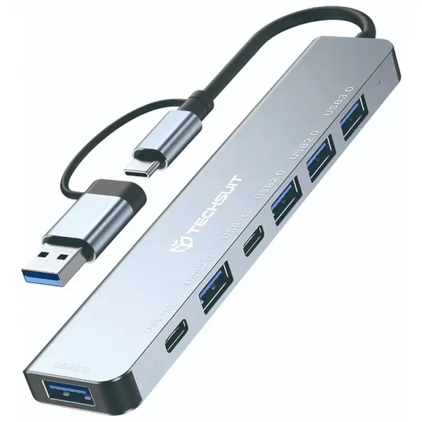 techsuit Hub Multiport, USB, Type-C la USB 3.0, 4x USB 2.0, 2x Type-C - Techsuit DataBridge 7 in 1, Gri
