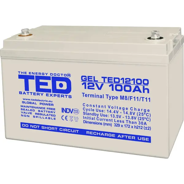 TED Electric Acumulator GEL TED Electric, 12V, 100Ah, Deep Cycle M8, 330 x 173 x 212 mm