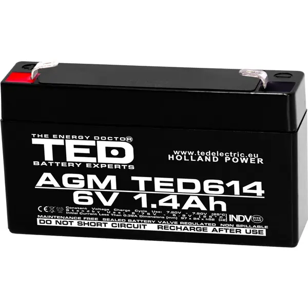 TED Electric Acumulator Ted Electric TED002839, 6V Stationar VRLA, Dimensiuni 97 x 24 x 52 mm, Baterie 6V 1.4Ah F1