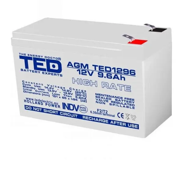 TED Electric Acumulator Ted Electric TED003324, 12V High Rate, Dimensiuni 151 x 65 x 95 mm, Baterie 12V 9.6Ah F2