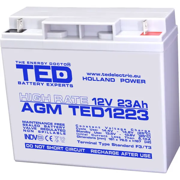 TED Electric Acumulator TED Electric TED003348, 12V High Rate, Dimensiuni 181 x 76 x 167 mm, Baterie 12V 23Ah F3