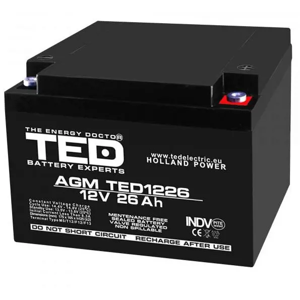 TED Electric Acumulator Ted Electric TED003638,12V Stationar VRLA, Dimensiuni 165 x 175 x 125 mm, Baterie 12V 26Ah M5