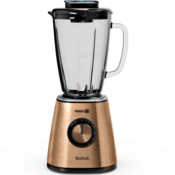 Tefal Blender Tefal Blendforce Coppertinto BL439G10, 800W, 1.25L, 6 lame Powelix detasabile, 5 trepte de viteza, functie Pulse, functie zdrobire gheata, recipient din sticla termorezistenta, Tehnologie Powelix, Negru & Maro