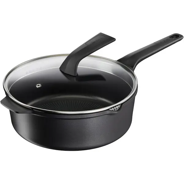 Tefal Cratita cu capac de sticla Tefal Robusto, 26 cm, inductie, invelis antiaderent din titan, aluminiu turnat, indicator Thermo-Signal, margini turnare, maner lateral integrat, negru