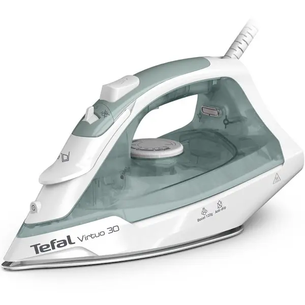 Tefal Fier de calcat cu abur Tefal Virtuo FV2C42E0, 2000W, jet de abur 120 g/min, abur variabil 0-27 g/min, rezervor apa 240 ml, talpa ceramica, varf de precizie, sistem anticalcar, protectie antipicurare, verde/alb