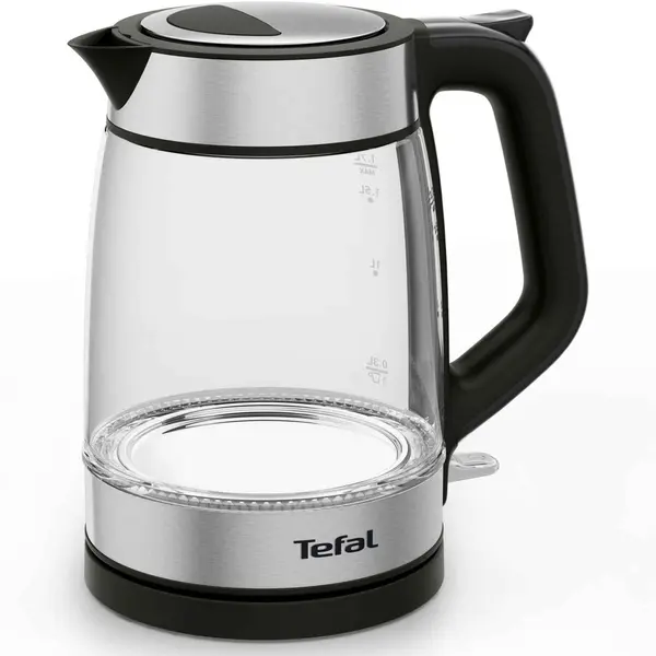 Tefal Fierbator Tefal Glass KI605830, 2200W, capacitate 1.7L, gradat, indicator luminos, depozitare cablu, baza rotativa 360°, filtru calcar detasabil, Argintiu-Negru