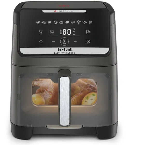 Tefal Friteuza cu aer cald Tefal Easy Fry Silence EY846HE0, 1800W, 7L -Air fryer cu 10 programe automate, ecran LCD, silentioasa, tehnologie Extra Crisp, Gri