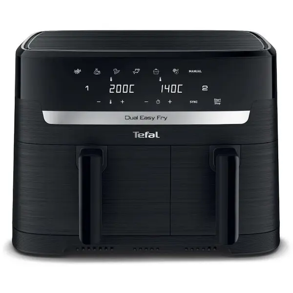Tefal Friteuza dubla cu aer cald Tefal Dual Easy Fry EY901N10, Putere 2700W, 7 Programe de gatire, Ecran LCD, Capacitate 5.2L + 3.1L, Negru
