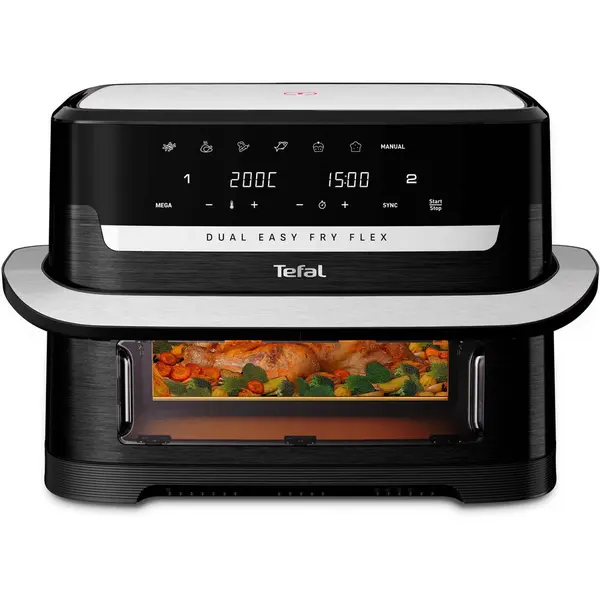 Tefal Friteuza dubla cu aer cald Tefal Dual Easy Fry Flex EY9228E0 air fryer, 2700W, capacitate 9 L, 7 programe automate, gatire pe 2 zone cu divizorul FlexCook, temperatura ajustabila 40-200°C, display digital, mod Sync, oprire automata, Negru-Argintiu