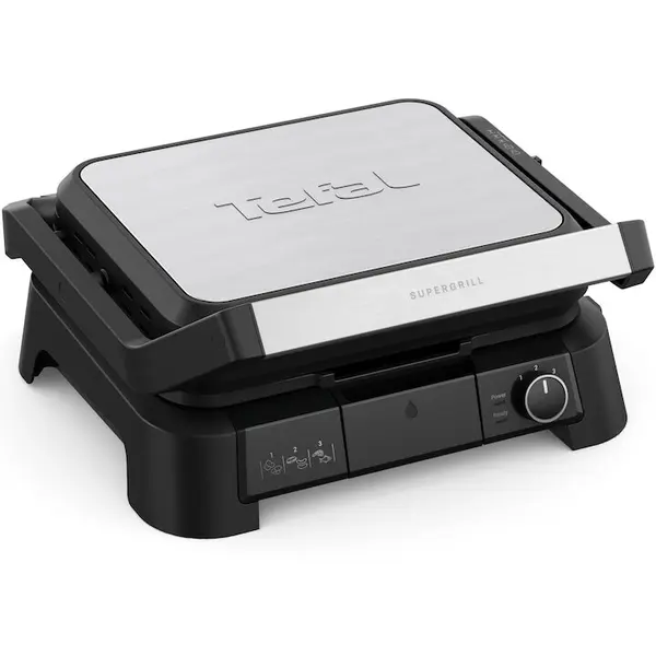 Tefal Gratar electric multifunctional Tefal SuperGrill 3 in 1 GC510DE0, 2000W, Placi detasabile, Invelis antiaderent, 3 trepte de temperatura, Functie tip cuptor & barbeque, Suprafata de gatire 600 cm2, Depozitare pe verticala, argintiu si negru