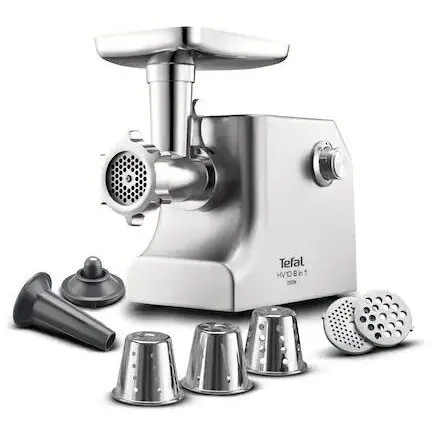 Tefal Masina de tocat carne Tefal HV10 NE858D38, 2200 W, 5.5 kg/min, 8 in 1, Functie Reverse, 3 grile inox, Argintiu