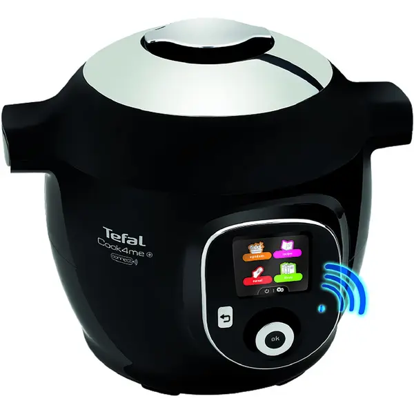 Tefal Multicooker inteligent cu gatire sub presiune Tefal Cook4Me+ Connect CY855830, 1600W, 6 moduri de gatire, Instructiuni pas cu pas, 150 de retete, Compatibil cu aplicatia dedicata, Capacitate 6L, Vas cu invelis ceramic, Negru