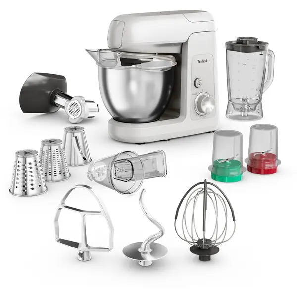 Tefal Robot de bucatarie Tefal Bake Partner QB525B38, 1100W, capacitate vas 4.6L, 8 trepte de viteza, functie Pulse, capacitate blender 1.5L, rasnita, tocator de carne, tel, accesoriu incorporare, carlig aluaturi grele, inox, gri