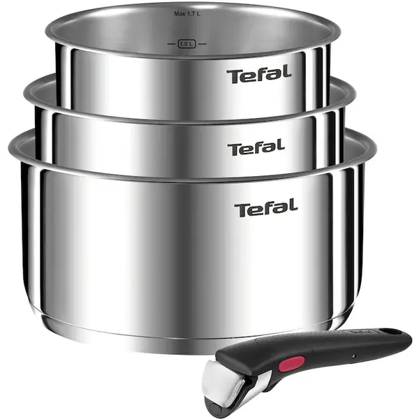 Tefal Set 4 piese Tefal Ingenio Emotion, oala 16 / 18 / 20 cm, maner detasabil, interior gradat, inductie, argintiu