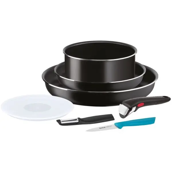 Tefal Set de 7 piese Tefal Ingenio Essentials, invelis antiaderent Titanium, indicator Thermo-Signal, maner detasabil, negru