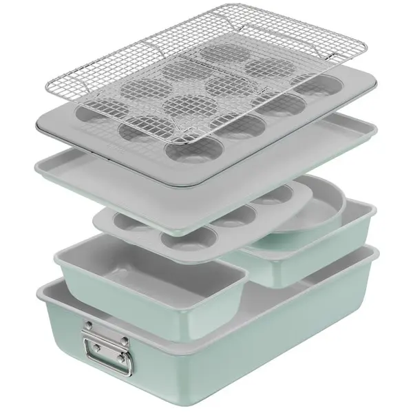 Tefal Set pentru copt Tefal Ceramik, 8 piese, otel carbon, invelis ceramic antiaderent, design stivuibil, verde