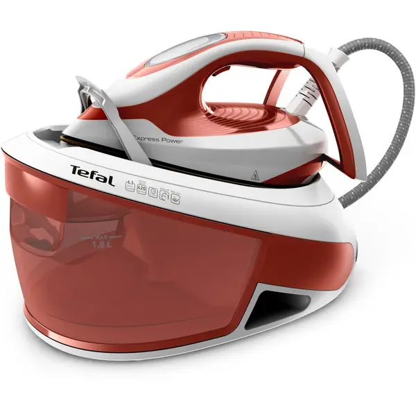 Tefal Statie de calcat Tefal Express Power SV8110E0, 2800 W, 6.3 bari, jet de abur 430 g/min, abur variabil 0-120 g/min, rezervor apa 1.8L, talpa Durilium AirGlide, colector anticalcar detasabil, indicator anticalcar, oprire automata, rosu
