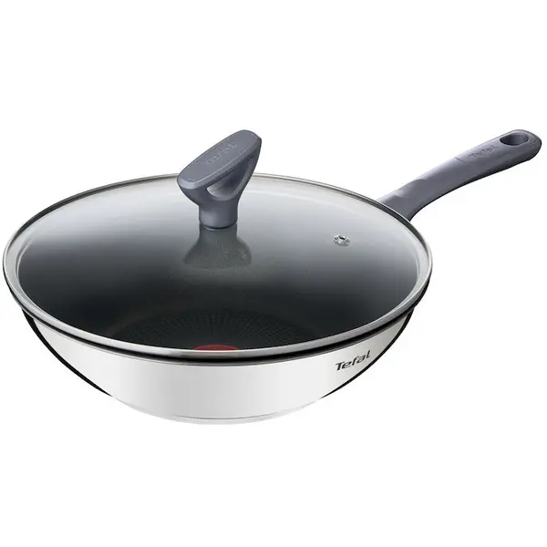 Tefal Tigaie wok cu capac Tefal Daily Cook, 28 cm, inductie, invelis antiaderent din titan, indicator Thermo-Signal, argintiu / negru