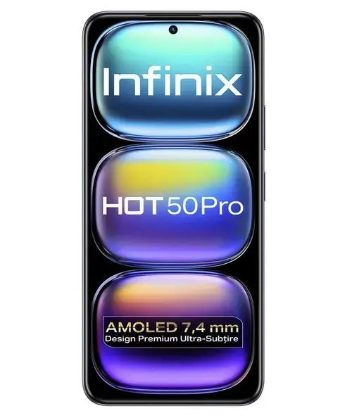 Telefon Mobil Infinix Hot 50 Pro, Procesor Mediatek Helio G100, Ecran AMOLED 6.78inch, 8GB RAM, 256GB Flash, Camera Tripla 50+2 MP, Wi-Fi, 4G, Dual Sim, Android (Negru)