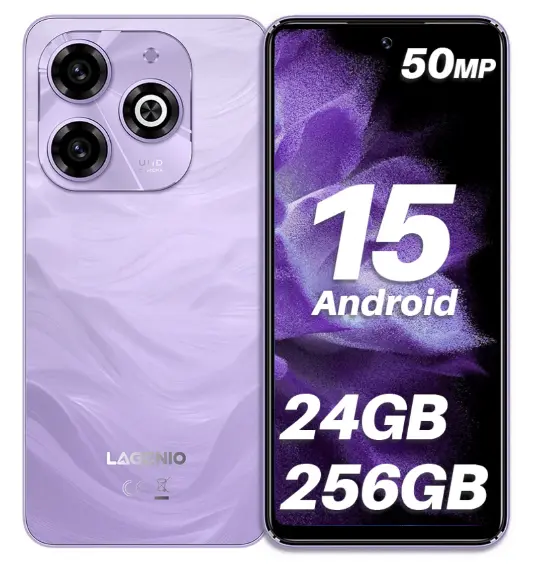 Telefon Mobil LAGENIO A11 Pro, Mov, 4G, 6.7 HD+ 120Hz, 24GB RAM (8GB + 16GB Extensibili), 256GB ROM, 50MP, Android 15, Unisoc T7250, OTG, Jack, FaceID, 5150mAh, Dual SIM