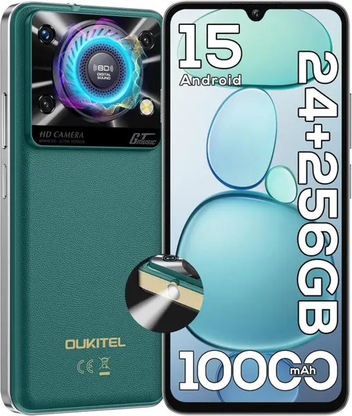 Telefon Mobil OUKITEL C60 Pro, Verde, 4G, 6.88 HD+, 24GB RAM (8GB + 16GB Extensibili), 256GB ROM, 13MP, Android 15, Unisoc T606, Difuzor 110dB, Lanterna 120LM, 10000mAh, 18W, Nano SIM