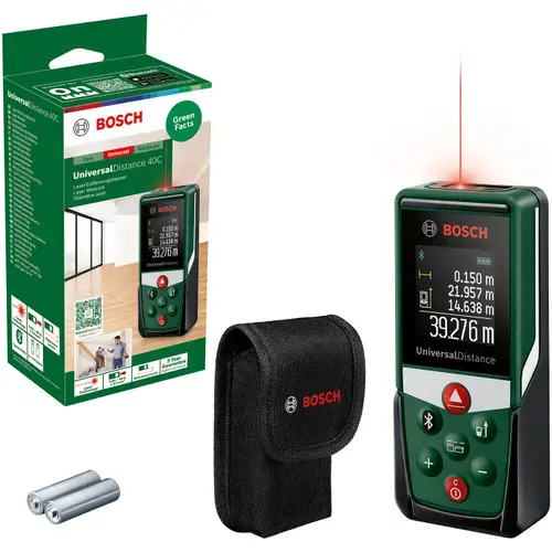 Telemetru Bosch UniversalDistance 40C 06036721Z0, masurarea precisa cu laser a distantelor de pana la 40 m, conectivitate bluetooth, masurare lungimi, suprafete si volume