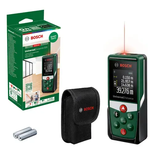 Telemetru digital cu laser Bosch Universal Distance 50C 0603672801, 50 m domeniu masurare, 635 nm dioda laser, ± 2.0 mm/m precizie, 0.5 s timp masurare, clasa laser 2, 2 x 1.5 V LR03, geanta depozitare