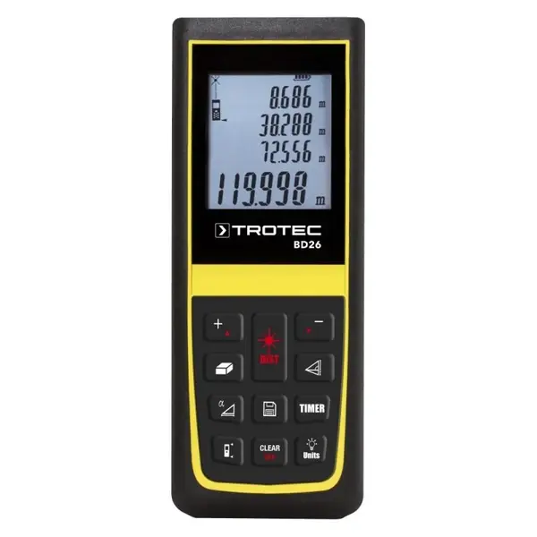 Telemetru Trotec BD26, Senzor inclinare, Display iluminat, Element final multifunctional, Protectie tip: IP54