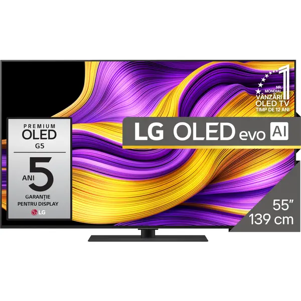 Televizor OLED Evo LG 55G53LS, Brightness Booster Max, stand central inclus, ULTRA HD 4K, HDR, 139 cm, Clasa E
