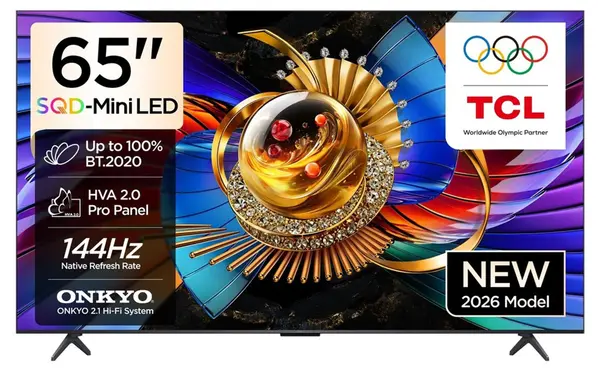 Televizor Smart TCL - 65Q7D Pro, 65'', 4K, SQD-Mini LED, 144Hz Native Refresh Rate, 288Hz VRR, ONKYO 2.1, 2x10W+SubWoof.1x20W, Google TV, negru