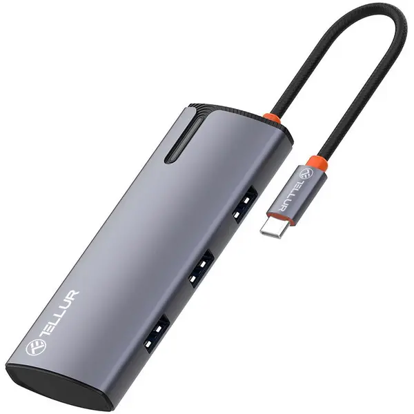 Tellur Hub Tellur TLL321061 USB-C Power Delivery 3.0 100W, 1 port HDMI 4K, 3 porturi USB 3.0, aluminiu Gri