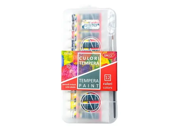 Tempera 12culori, 12ml, cutie plastic + pensula, Daco