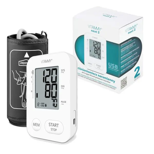 Tensiometru electronic de brat Vitammy Next 2 mufa USB, detectare aritmie, memorare 2 utilizatori alb