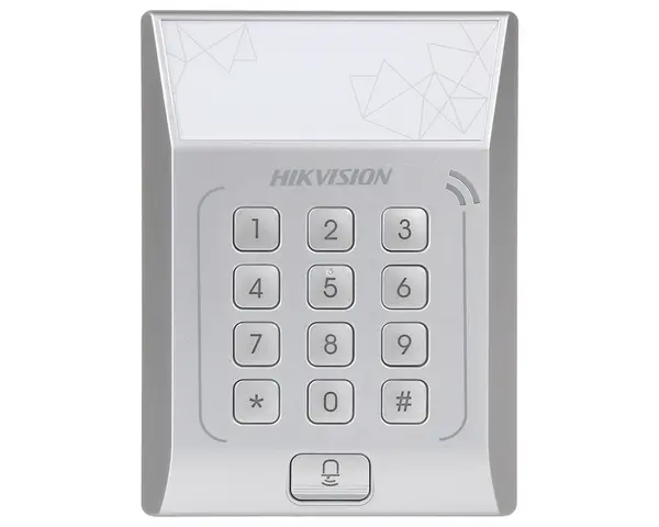 Terminal de control acces standalone cu Tastatura, PIN + card Mifare 13.56 Mhz, Hikvision DS-K1T801M, 3000 utilizatori, Memorie, Led, Beep
