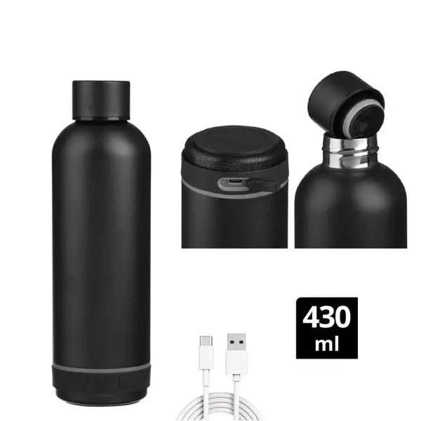 Termos cu boxa Bluetooth, 430 ml, otel inoxidabil, Negru