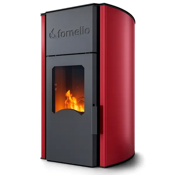 Termosemineu centrala peleti Fornello Royal 25 kw , complet echipat pentru incalzire, pompa, vas expansiune, automatizare, telecomanda, buncar peleti tiraj fortat culoare visiniu (Bordeaux)