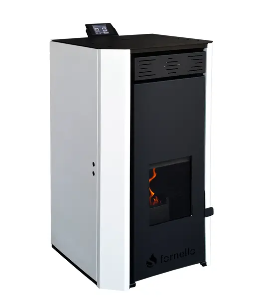 Termosemineu pe peleti Fornello EVA 25 KW, pompa circulatie, vas expansiune, WI-FI, buncar, tiraj fortat, recomandat pentru 160 mp, Alb
