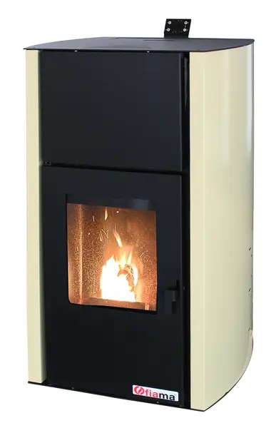 Termosemineu pe peleti Fornello Fiama Confort 18 kw, complet echipat pentru incalzire, pompa, vas expansiune, automatizare, buncar peleti 15 kg, tiraj fortat, culoare Crem, aprindere automata, pana la 120 mp